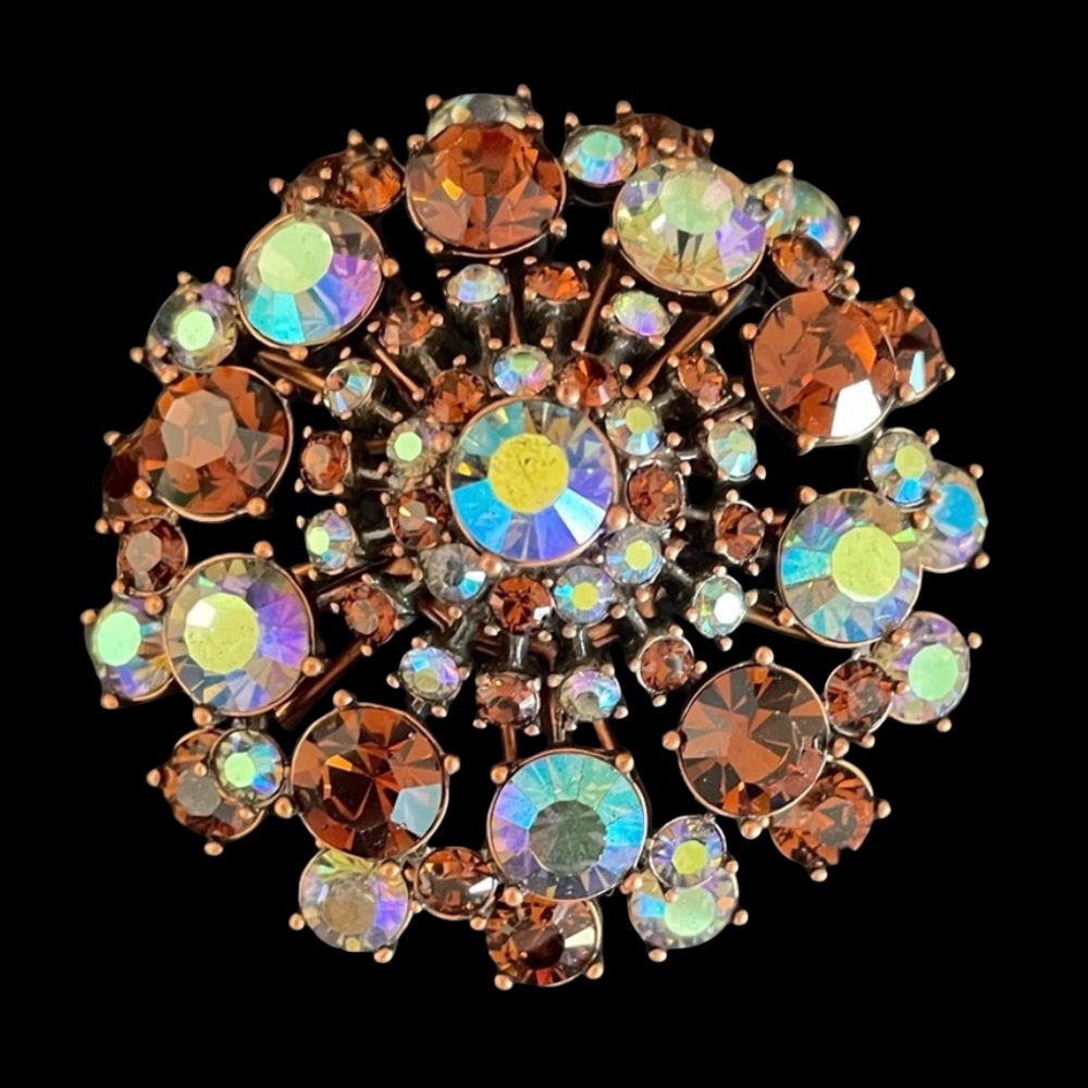 Vintage Joan Rivers Round Domed Brooch Topaz And AB Swarovski Crystal